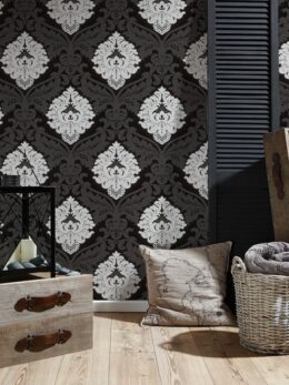 Zwart wit barok behang met glitter AS Creation